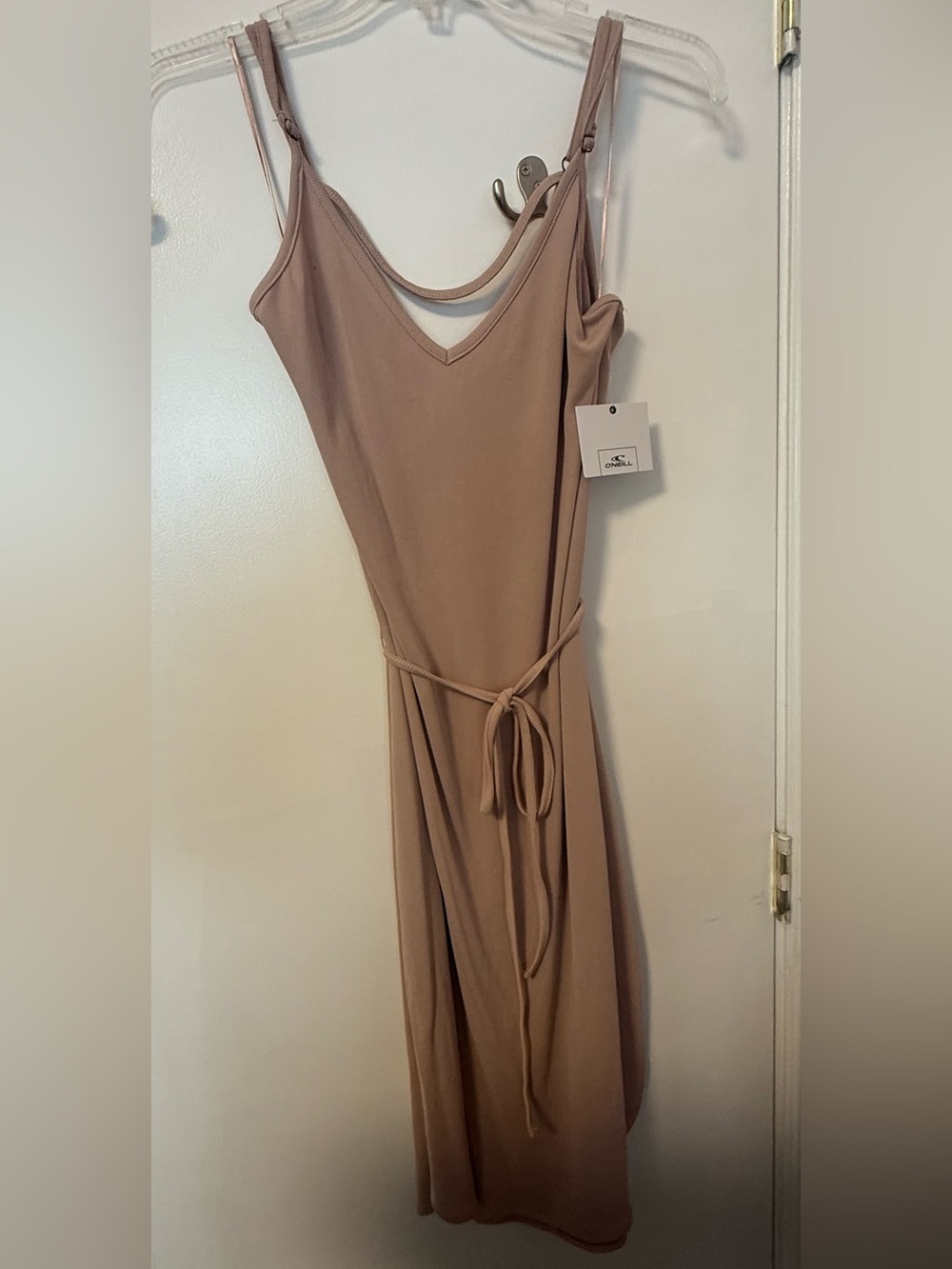 O'Neill Women's Taupe Sleeveless V-Neck Maxi Dress with Self-Tie Waist